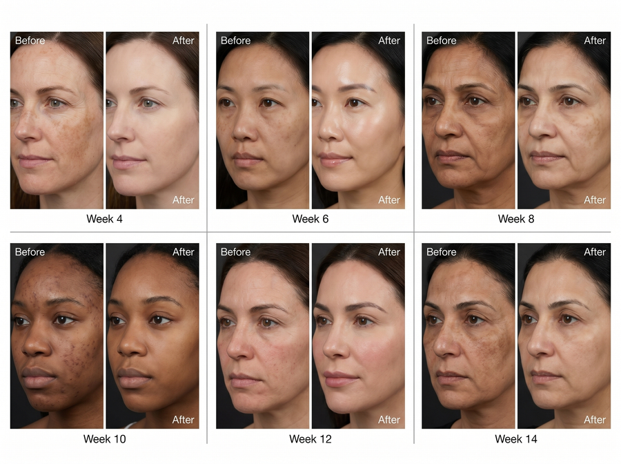 Before and after results from six women using the LuxeBeam LED mask over 4 to 14 weeks — visible improvements in skin tone, pigmentation, and texture