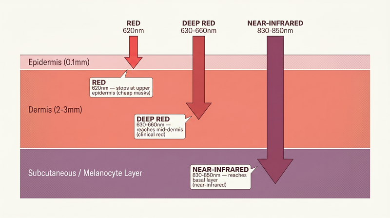 Cross-section diagram showing how different LED wavelengths penetrate skin layers — 620nm stops at epidermis, 630-660nm reaches mid-dermis, 830-850nm reaches the basal layer